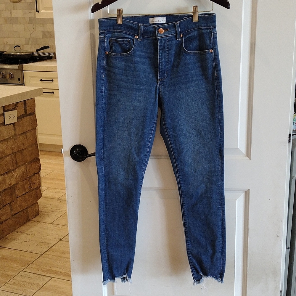 Loft Skinny Jeans. Size 8/29. Bright Medium Blue. Distressed Hem